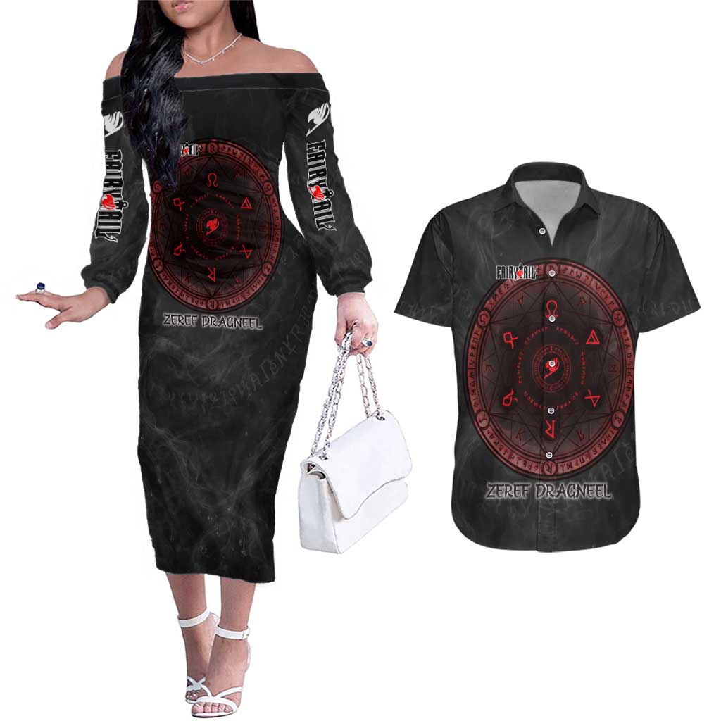 Zeref Dragneel Fairy Tail Couples Matching Off The Shoulder Long Sleeve Dress and Hawaiian Shirt Dark Magic Circle Design with E.N.D Demon Aesthetic