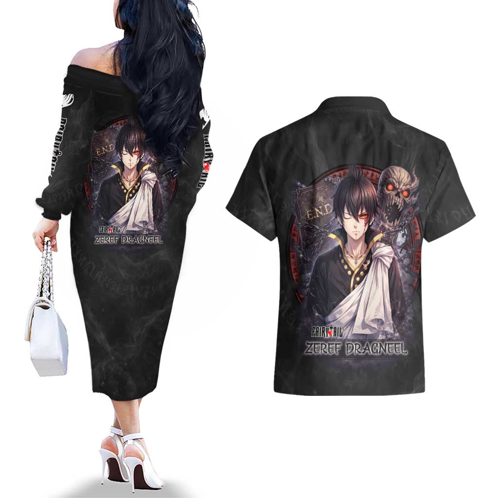 Zeref Dragneel Fairy Tail Couples Matching Off The Shoulder Long Sleeve Dress and Hawaiian Shirt Dark Magic Circle Design with E.N.D Demon Aesthetic