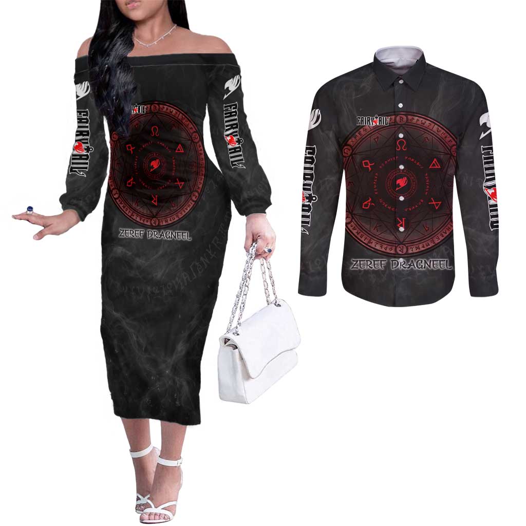 Zeref Dragneel Fairy Tail Couples Matching Off The Shoulder Long Sleeve Dress and Long Sleeve Button Shirt Dark Magic Circle Design with E.N.D Demon Aesthetic