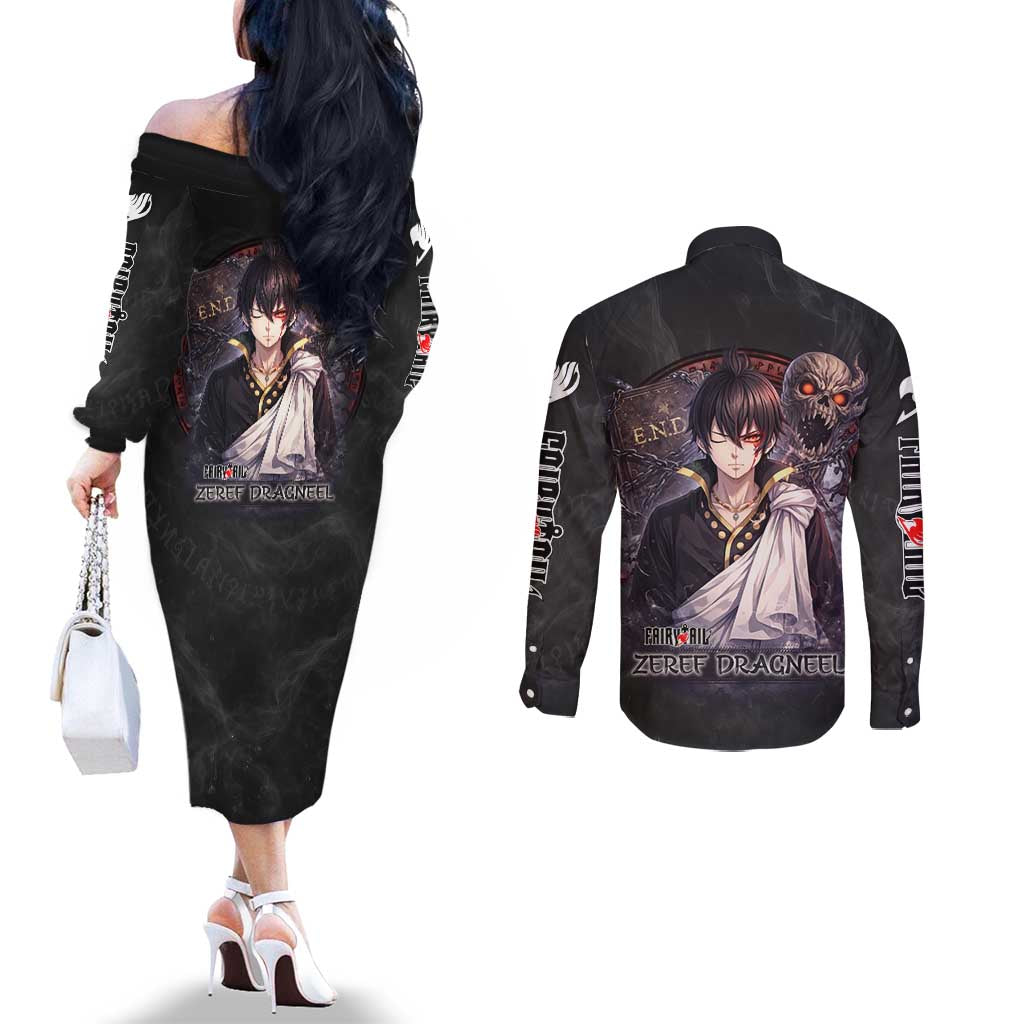 Zeref Dragneel Fairy Tail Couples Matching Off The Shoulder Long Sleeve Dress and Long Sleeve Button Shirt Dark Magic Circle Design with E.N.D Demon Aesthetic