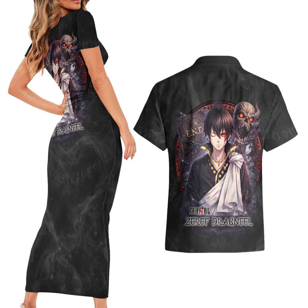 Zeref Dragneel Fairy Tail Couples Matching Short Sleeve Bodycon Dress and Hawaiian Shirt Dark Magic Circle Design with E.N.D Demon Aesthetic
