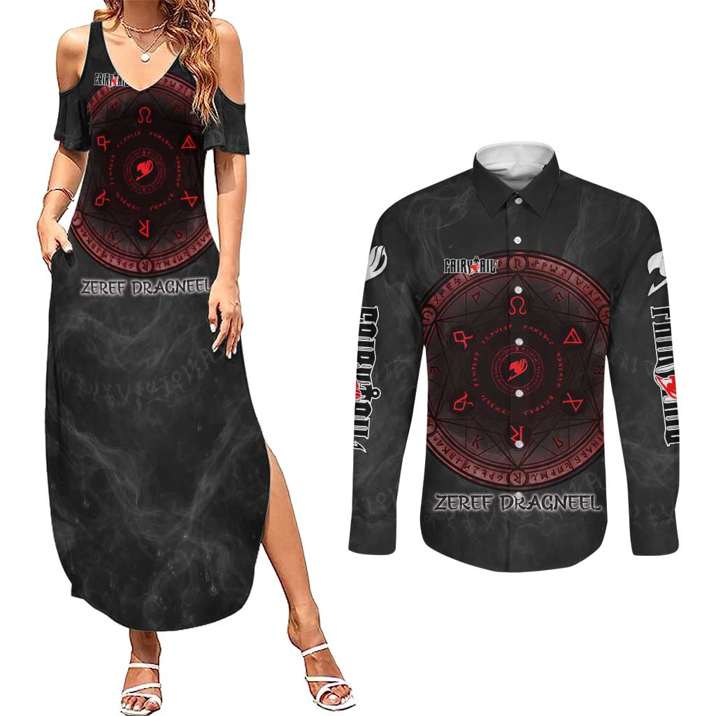 Zeref Dragneel Fairy Tail Couples Matching Summer Maxi Dress and Long Sleeve Button Shirt Dark Magic Circle Design with E.N.D Demon Aesthetic
