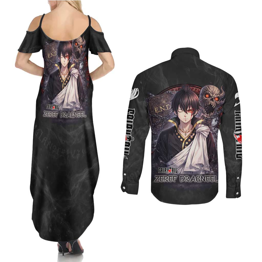 Zeref Dragneel Fairy Tail Couples Matching Summer Maxi Dress and Long Sleeve Button Shirt Dark Magic Circle Design with E.N.D Demon Aesthetic
