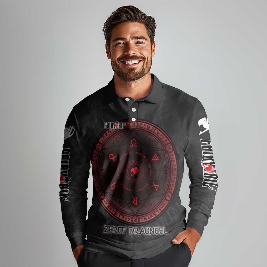 Zeref Dragneel Fairy Tail Long Sleeve Polo Shirt Dark Magic Circle Design with E.N.D Demon Aesthetic