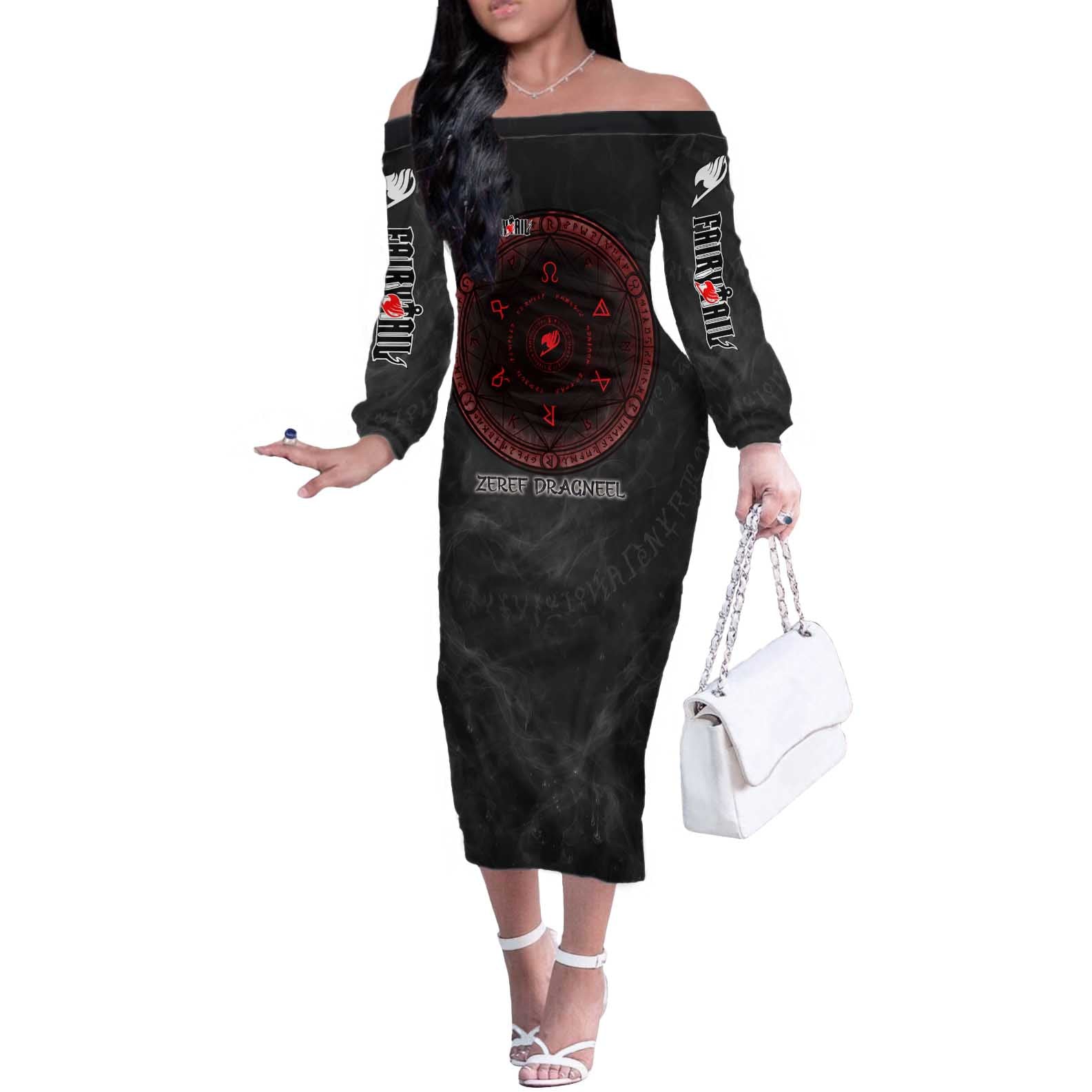 Zeref Dragneel Fairy Tail Off The Shoulder Long Sleeve Dress Dark Magic Circle Design with E.N.D Demon Aesthetic