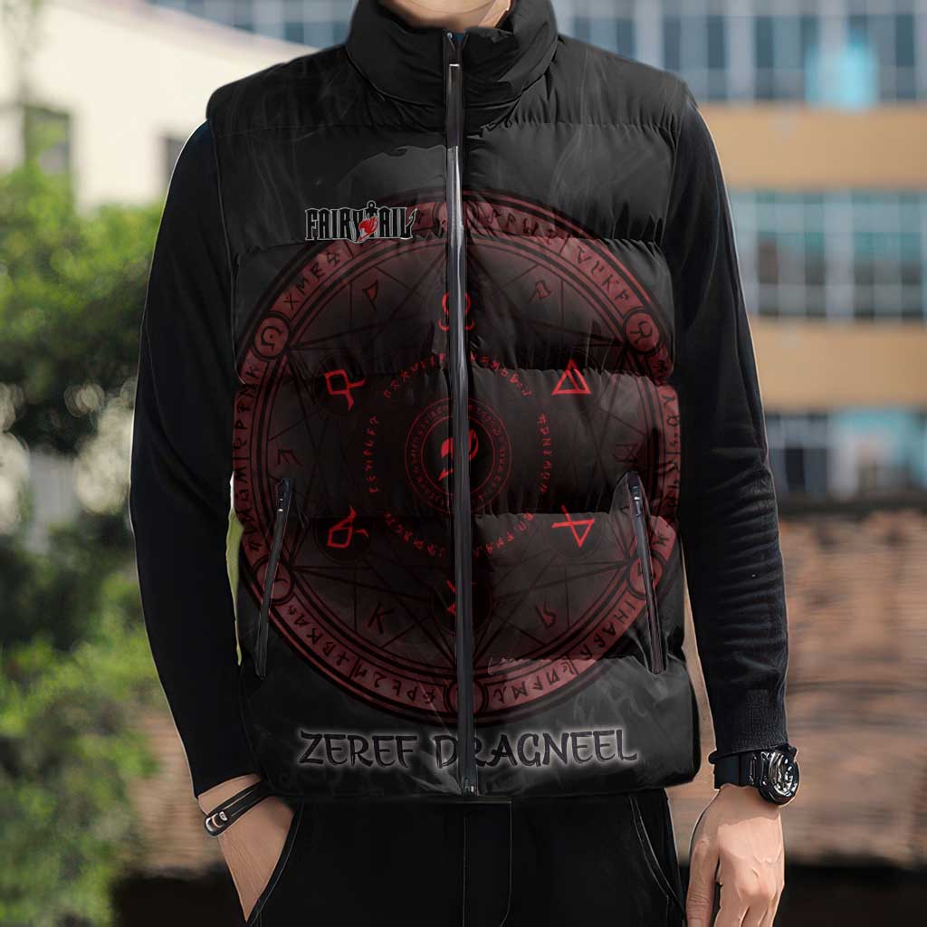 Zeref Dragneel Fairy Tail Sleeveless Puffer Jacket Dark Magic Circle Design with E.N.D Demon Aesthetic