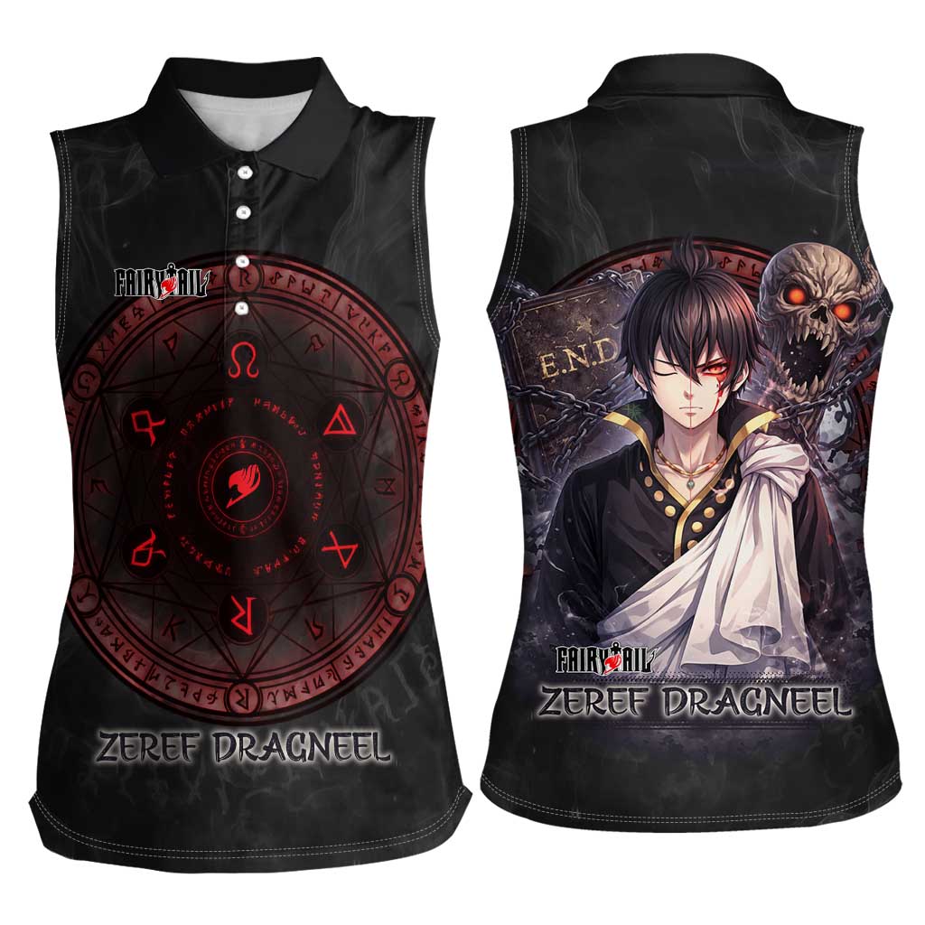 Zeref Dragneel Fairy Tail Women Sleeveless Polo Shirt Dark Magic Circle Design with E.N.D Demon Aesthetic