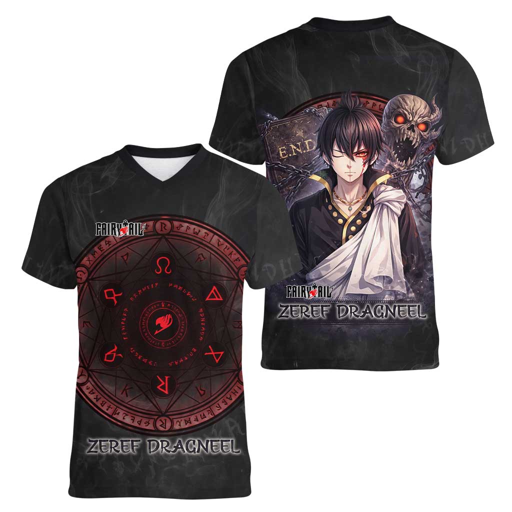 Zeref Dragneel Fairy Tail Women V-Neck T-Shirt Dark Magic Circle Design with E.N.D Demon Aesthetic