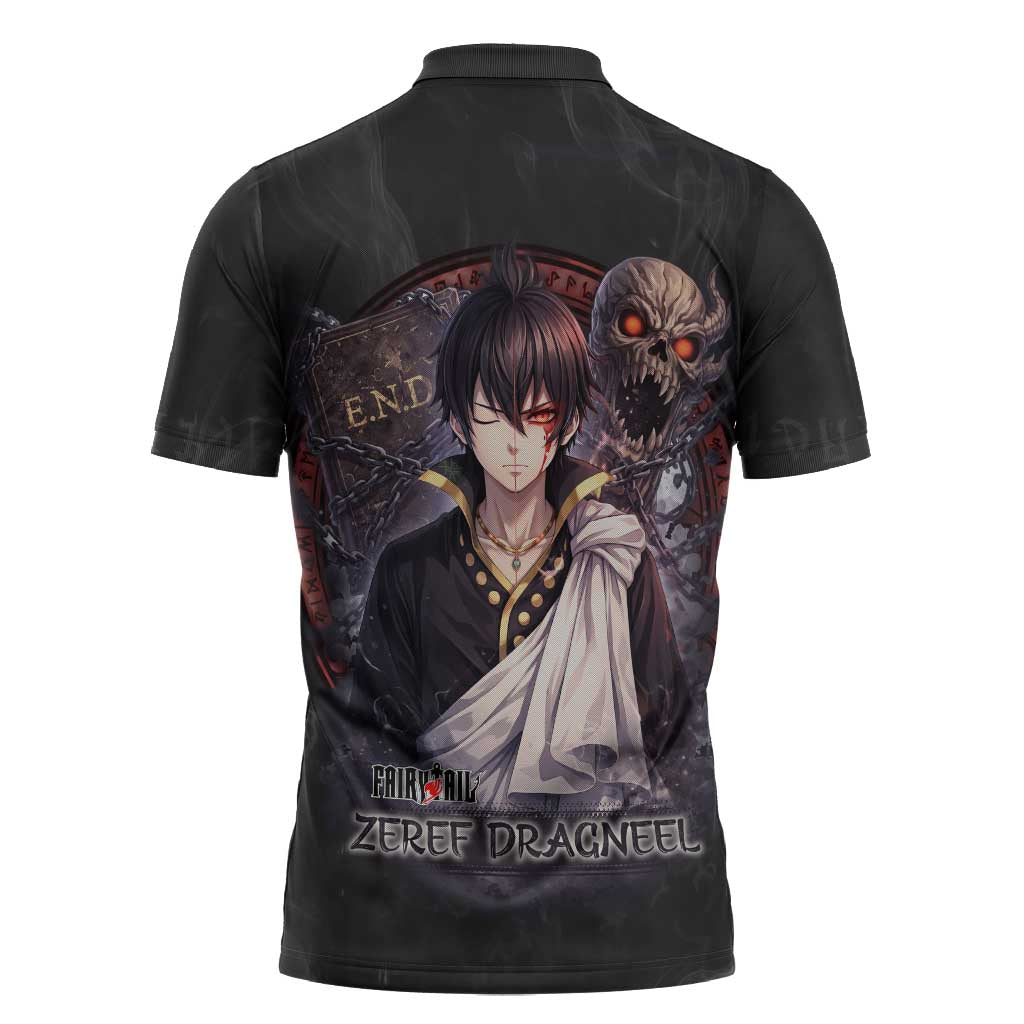 Zeref Dragneel Fairy Tail Zipper Polo Shirt Dark Magic Circle Design with E.N.D Demon Aesthetic