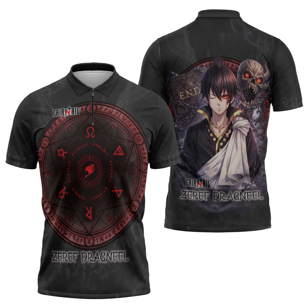 Zeref Dragneel Fairy Tail Zipper Polo Shirt Dark Magic Circle Design with E.N.D Demon Aesthetic