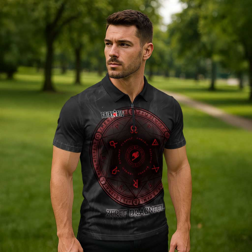Zeref Dragneel Fairy Tail Zipper Polo Shirt Dark Magic Circle Design with E.N.D Demon Aesthetic