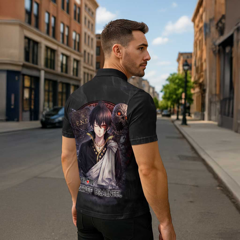 Zeref Dragneel Fairy Tail Zipper Polo Shirt Dark Magic Circle Design with E.N.D Demon Aesthetic