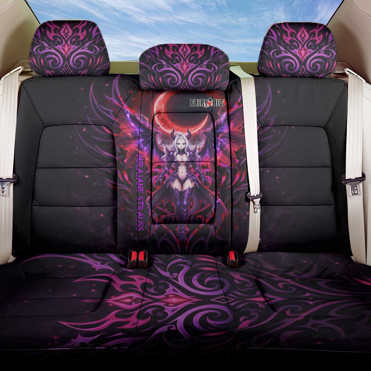 Mirajane Strauss Demon Form Fairy Tail Back Car Seat Cover Crimson Moon Demon Aesthetic with Gothic Purple Tribal Design