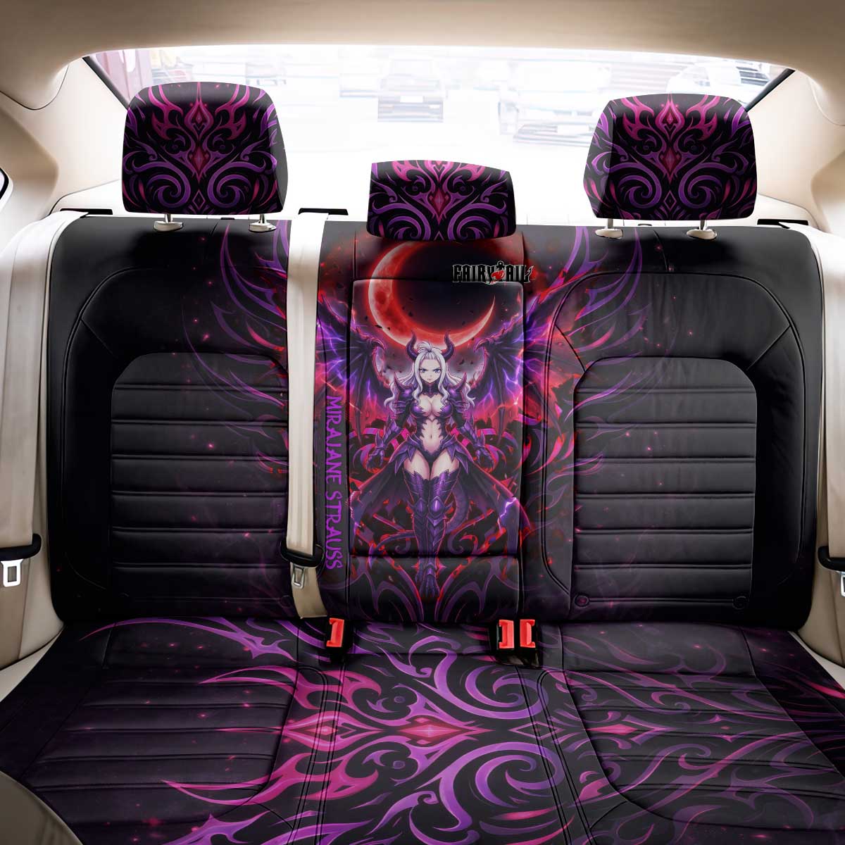 Mirajane Strauss Demon Form Fairy Tail Back Car Seat Cover Crimson Moon Demon Aesthetic with Gothic Purple Tribal Design