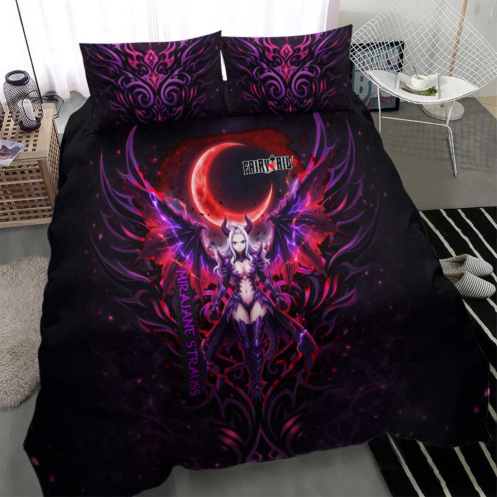 Mirajane Strauss Demon Form Fairy Tail Bedding Set Crimson Moon Demon Aesthetic with Gothic Purple Tribal Design