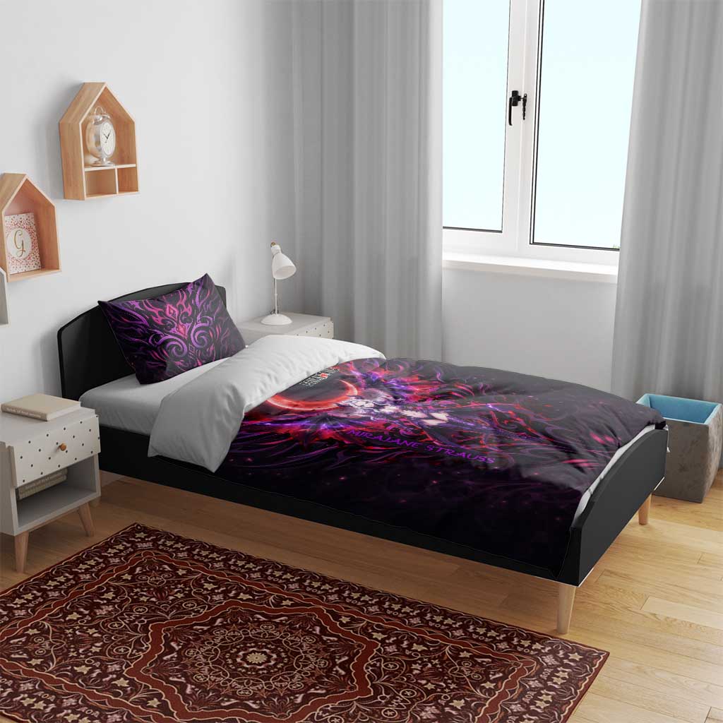 Mirajane Strauss Demon Form Fairy Tail Bedding Set Crimson Moon Demon Aesthetic with Gothic Purple Tribal Design