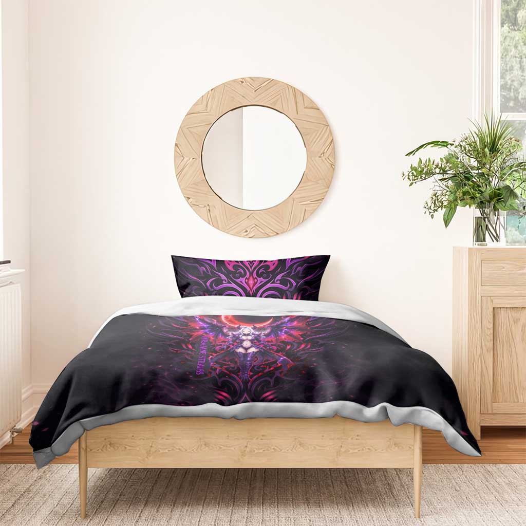 Mirajane Strauss Demon Form Fairy Tail Bedding Set Crimson Moon Demon Aesthetic with Gothic Purple Tribal Design