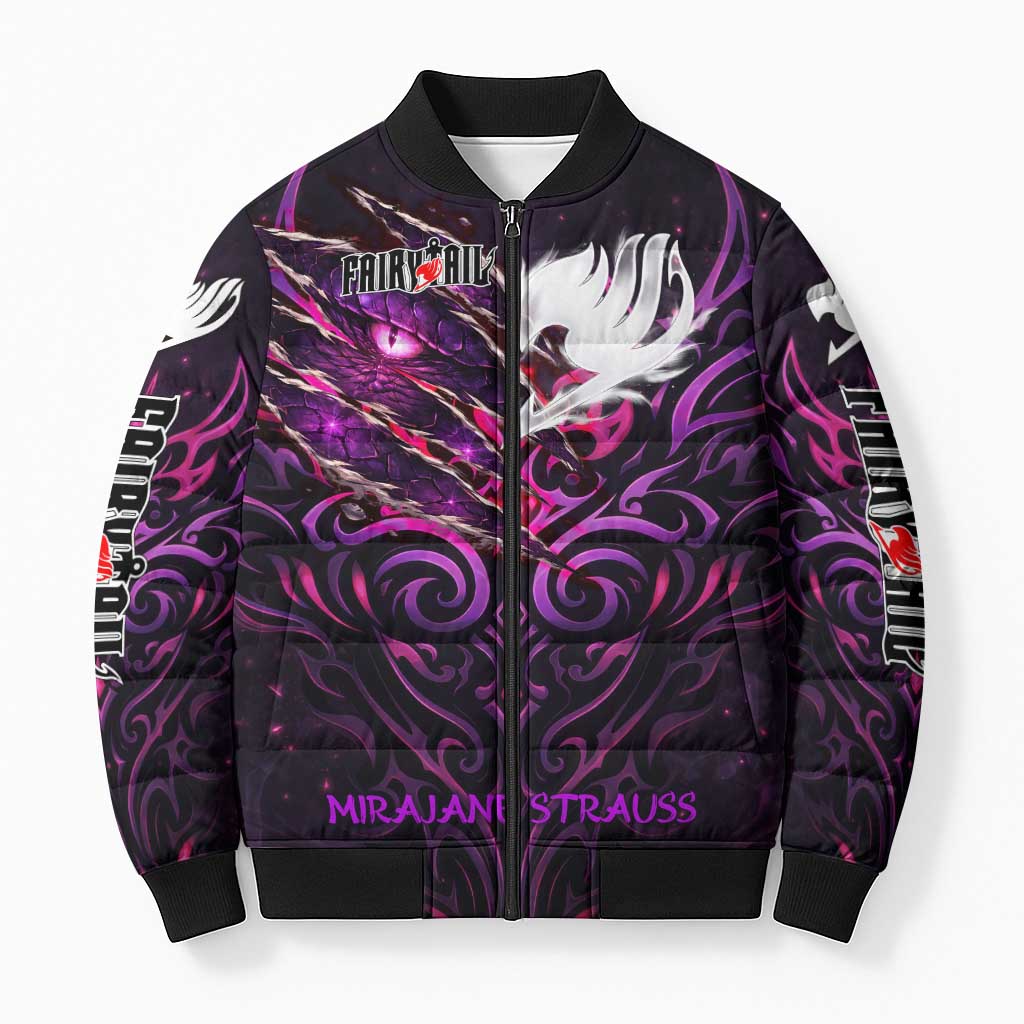 Mirajane Strauss Demon Form Fairy Tail Bomber Puffer Jacket Crimson Moon Demon Aesthetic with Gothic Purple Tribal Design