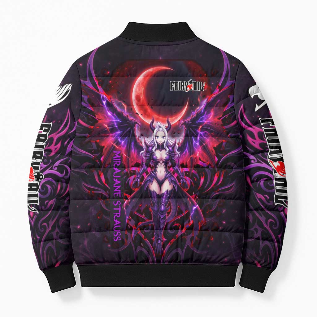 Mirajane Strauss Demon Form Fairy Tail Bomber Puffer Jacket Crimson Moon Demon Aesthetic with Gothic Purple Tribal Design
