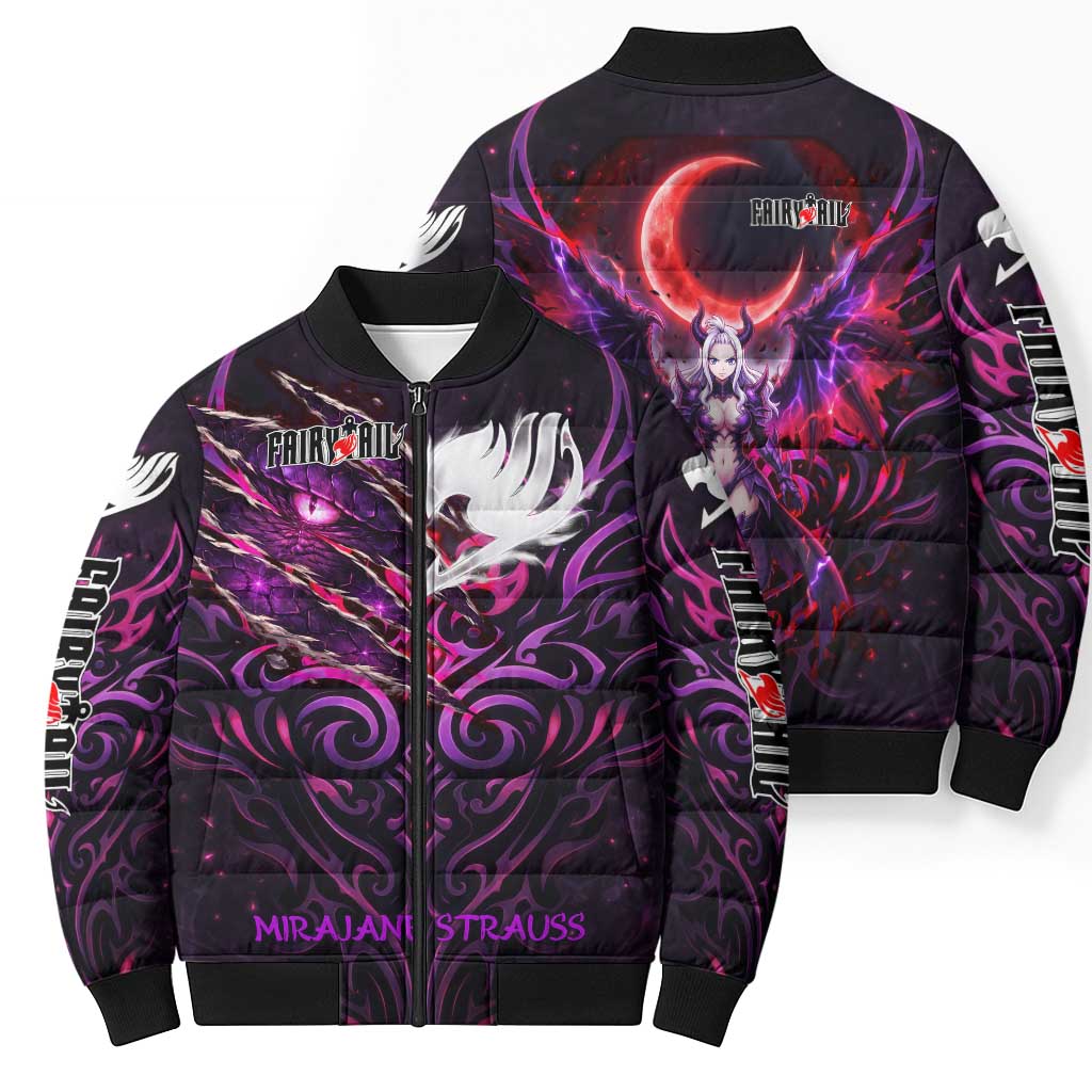 Mirajane Strauss Demon Form Fairy Tail Bomber Puffer Jacket Crimson Moon Demon Aesthetic with Gothic Purple Tribal Design