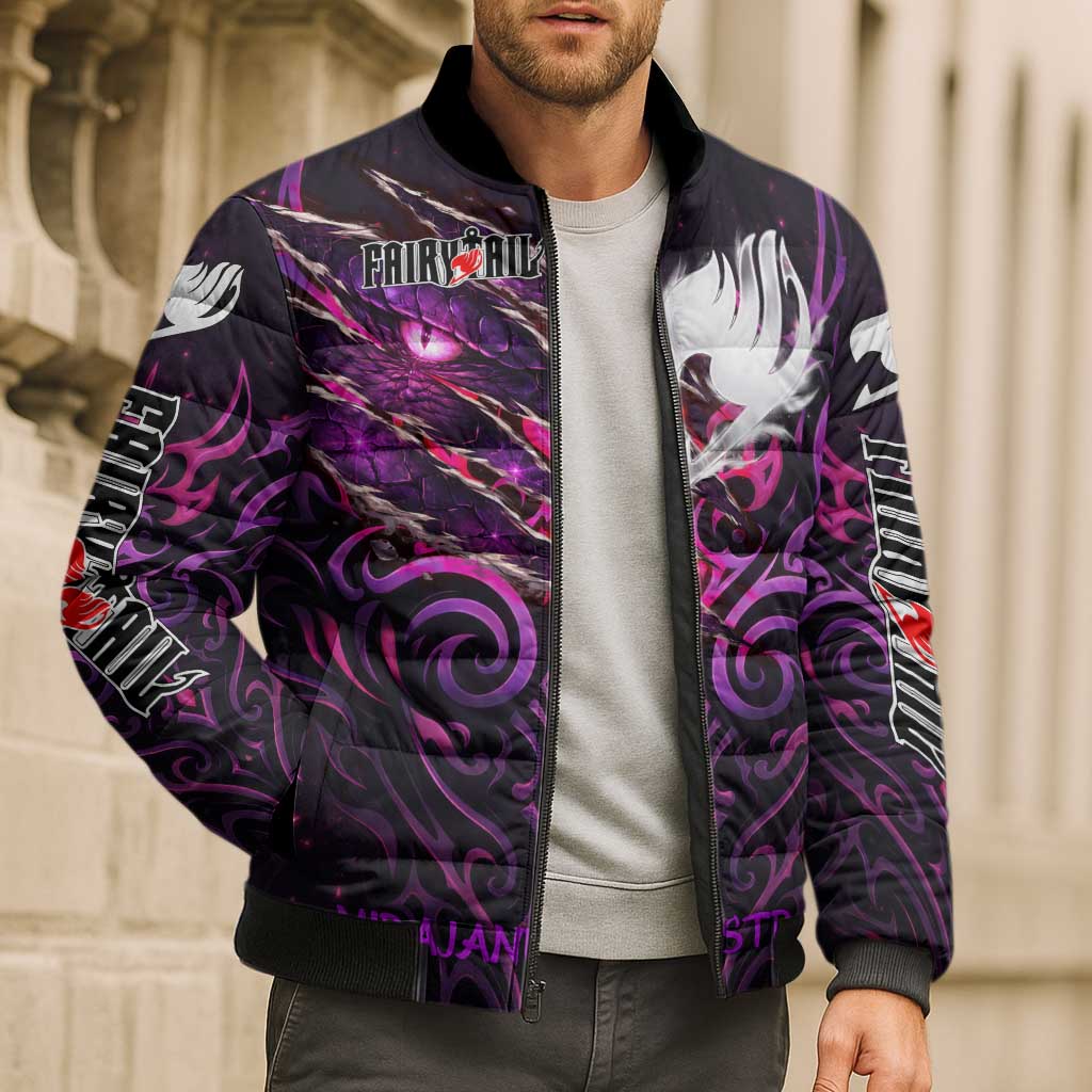 Mirajane Strauss Demon Form Fairy Tail Bomber Puffer Jacket Crimson Moon Demon Aesthetic with Gothic Purple Tribal Design