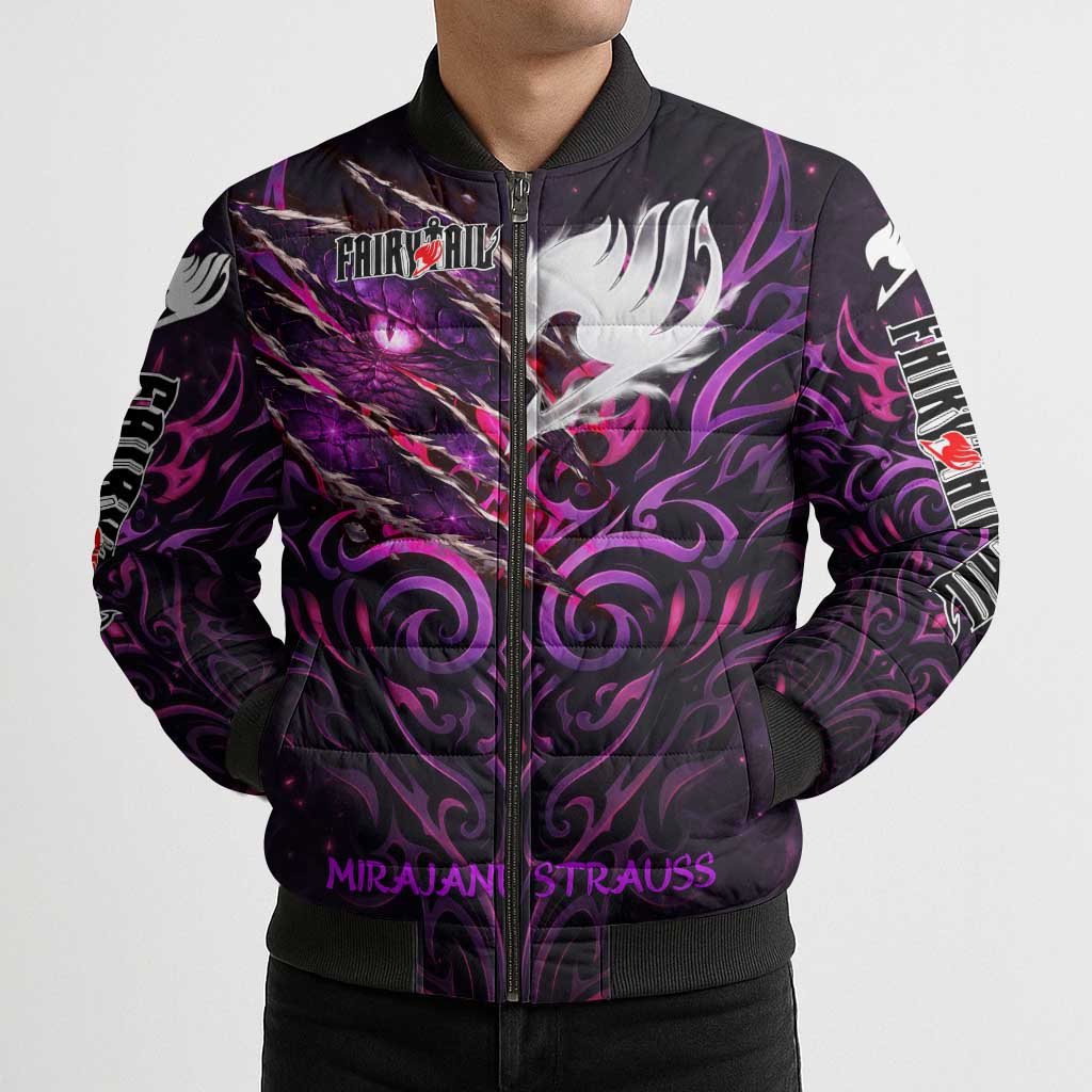 Mirajane Strauss Demon Form Fairy Tail Bomber Puffer Jacket Crimson Moon Demon Aesthetic with Gothic Purple Tribal Design