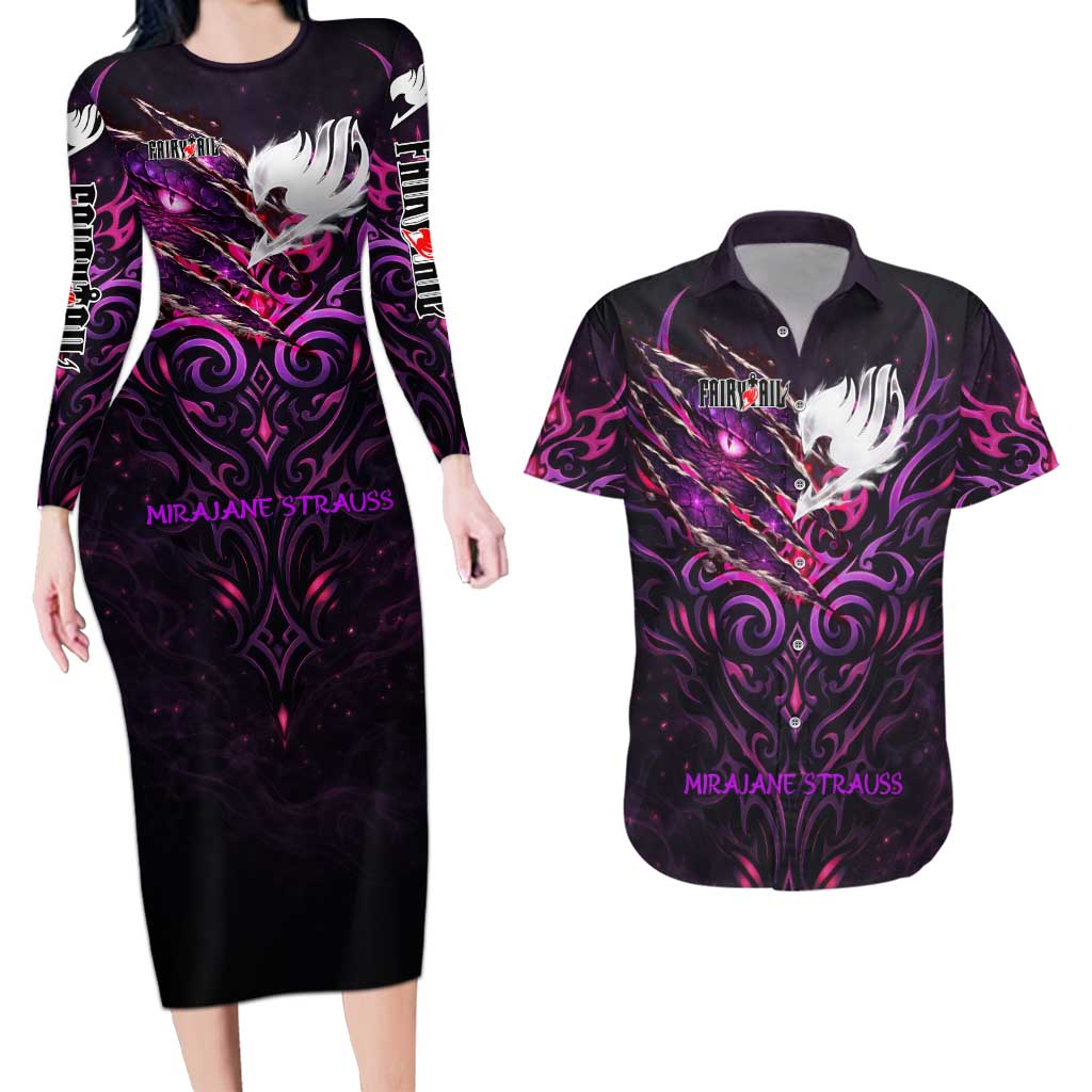 Mirajane Strauss Demon Form Fairy Tail Couples Matching Long Sleeve Bodycon Dress and Hawaiian Shirt Crimson Moon Demon Aesthetic with Gothic Purple Tribal Design
