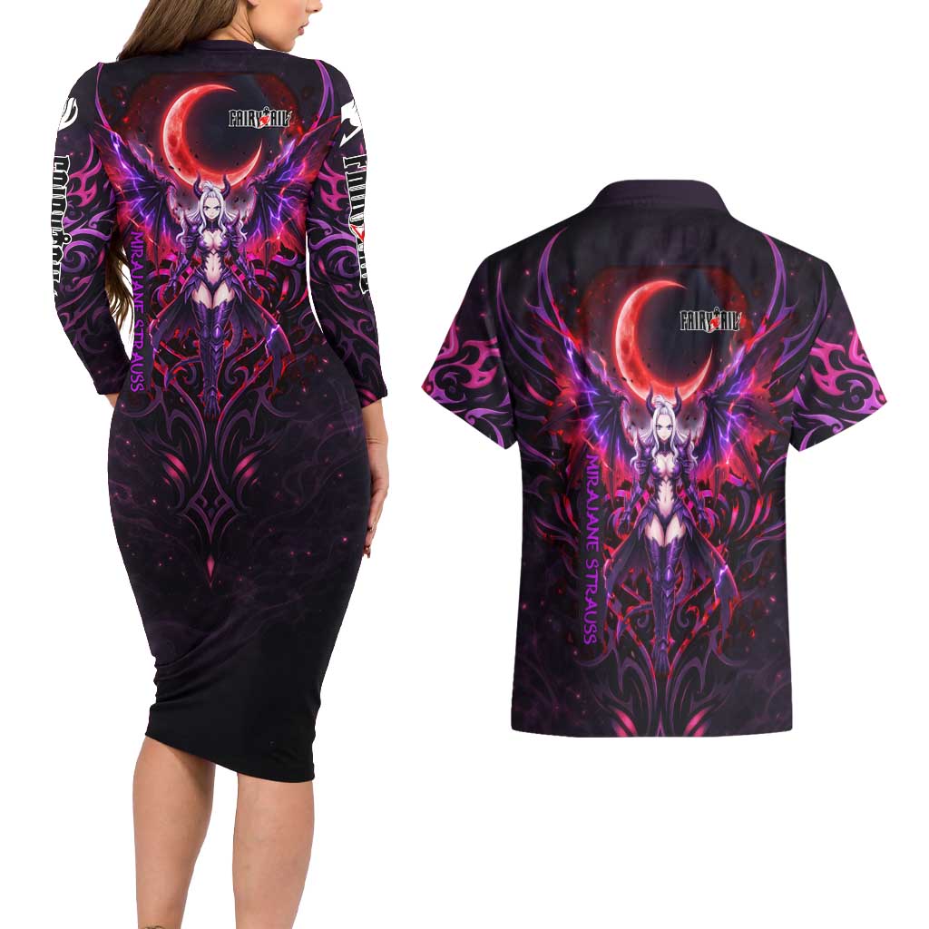 Mirajane Strauss Demon Form Fairy Tail Couples Matching Long Sleeve Bodycon Dress and Hawaiian Shirt Crimson Moon Demon Aesthetic with Gothic Purple Tribal Design