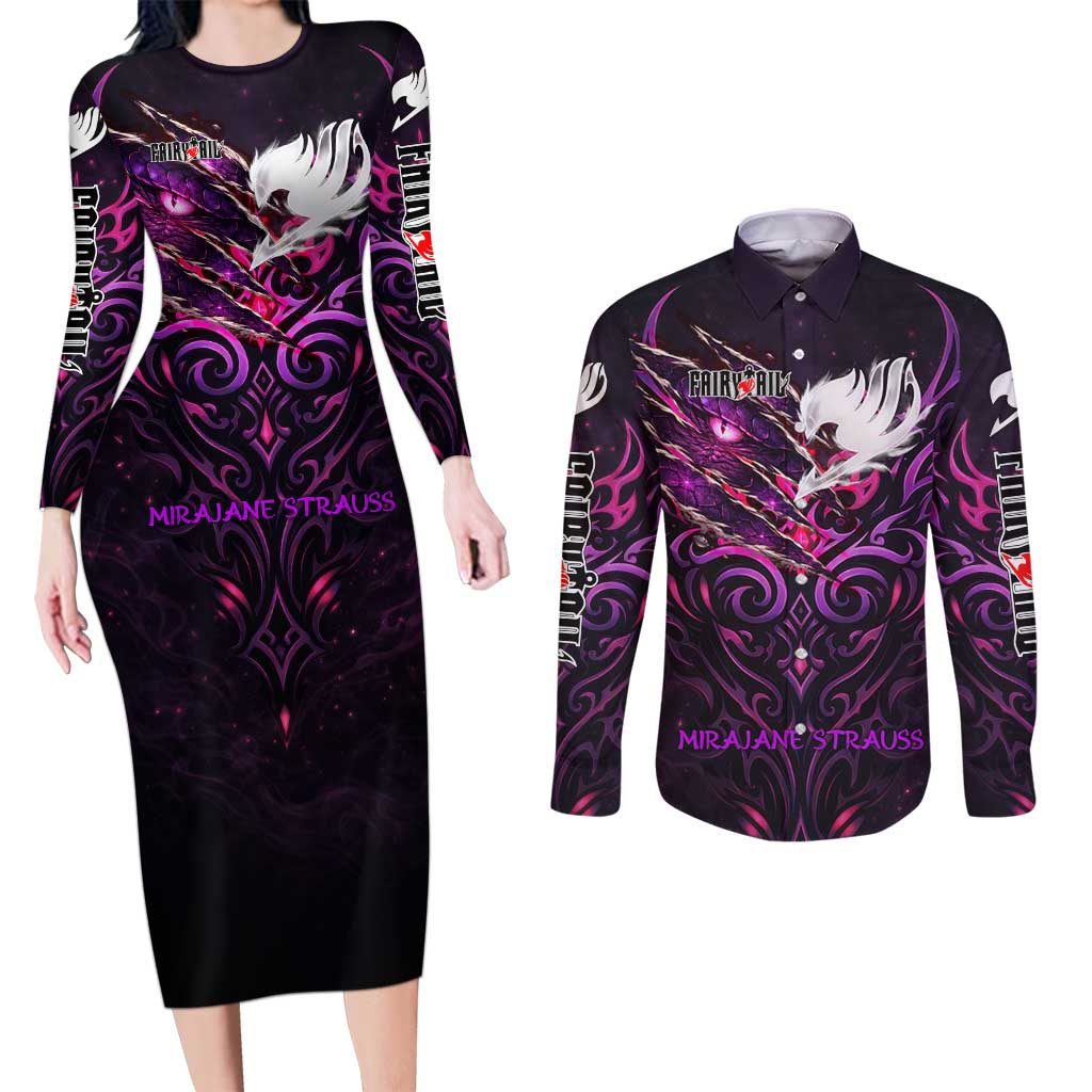 Mirajane Strauss Demon Form Fairy Tail Couples Matching Long Sleeve Bodycon Dress and Long Sleeve Button Shirt Crimson Moon Demon Aesthetic with Gothic Purple Tribal Design