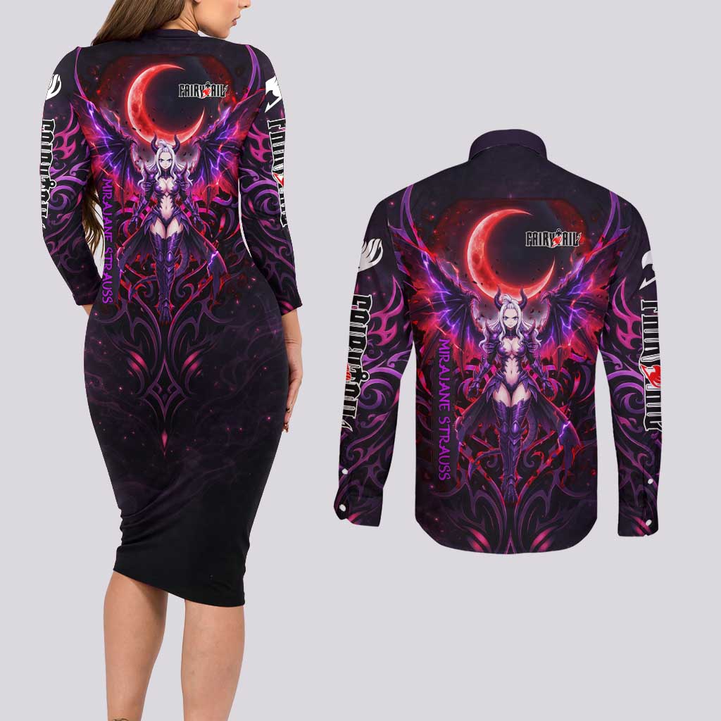 Mirajane Strauss Demon Form Fairy Tail Couples Matching Long Sleeve Bodycon Dress and Long Sleeve Button Shirt Crimson Moon Demon Aesthetic with Gothic Purple Tribal Design