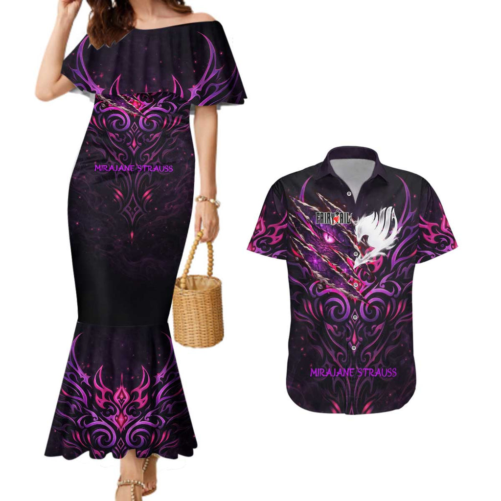 Mirajane Strauss Demon Form Fairy Tail Couples Matching Mermaid Dress and Hawaiian Shirt Crimson Moon Demon Aesthetic with Gothic Purple Tribal Design