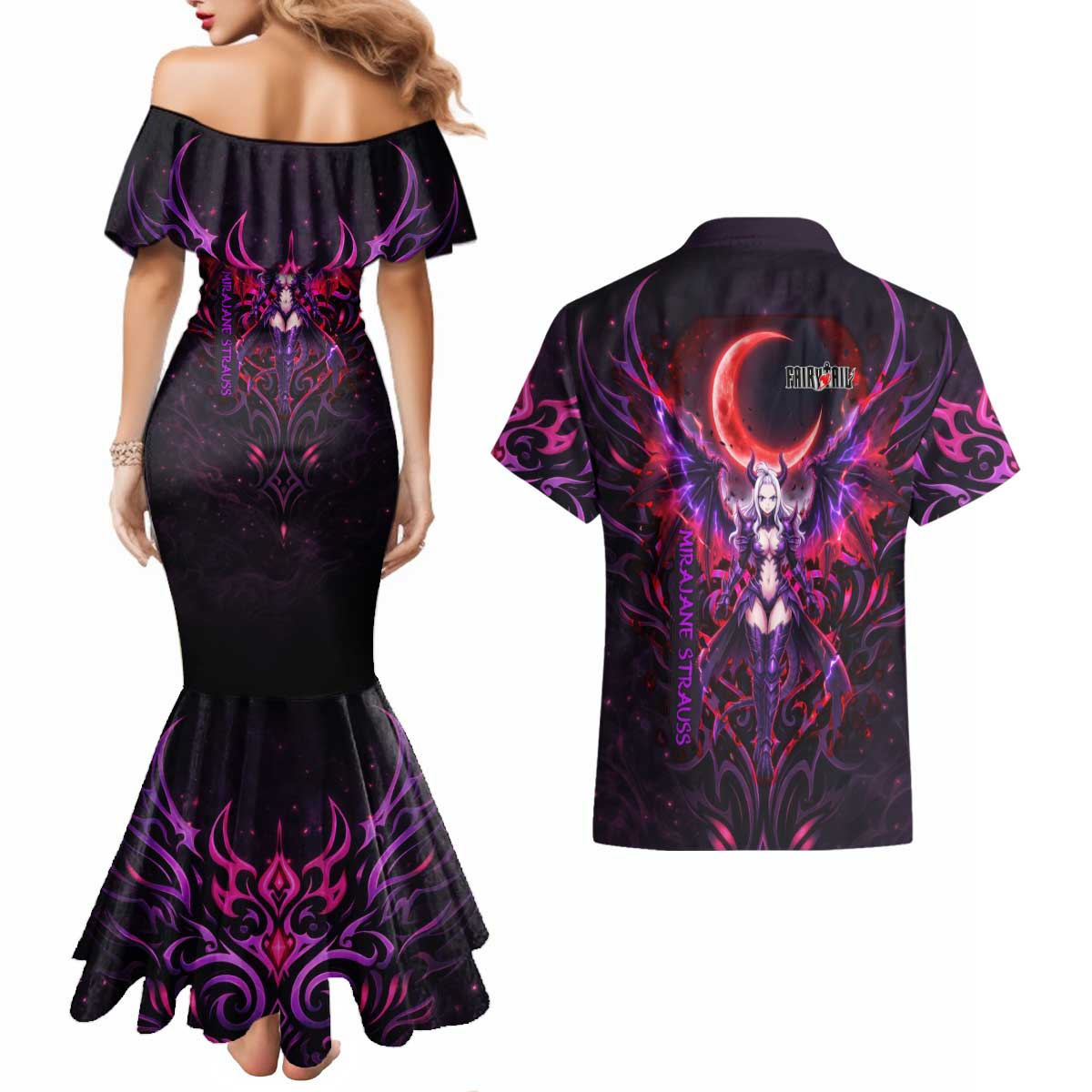 Mirajane Strauss Demon Form Fairy Tail Couples Matching Mermaid Dress and Hawaiian Shirt Crimson Moon Demon Aesthetic with Gothic Purple Tribal Design