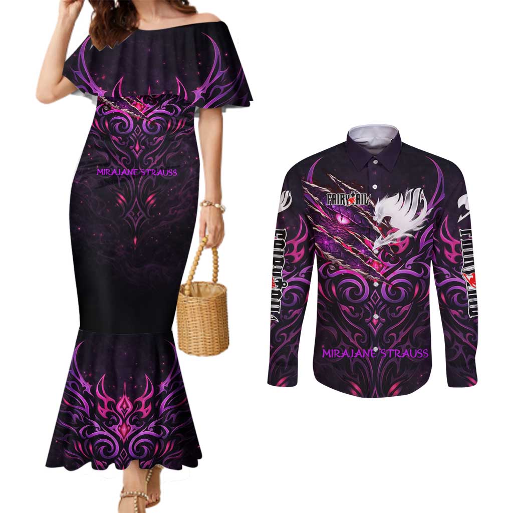 Mirajane Strauss Demon Form Fairy Tail Couples Matching Mermaid Dress and Long Sleeve Button Shirt Crimson Moon Demon Aesthetic with Gothic Purple Tribal Design