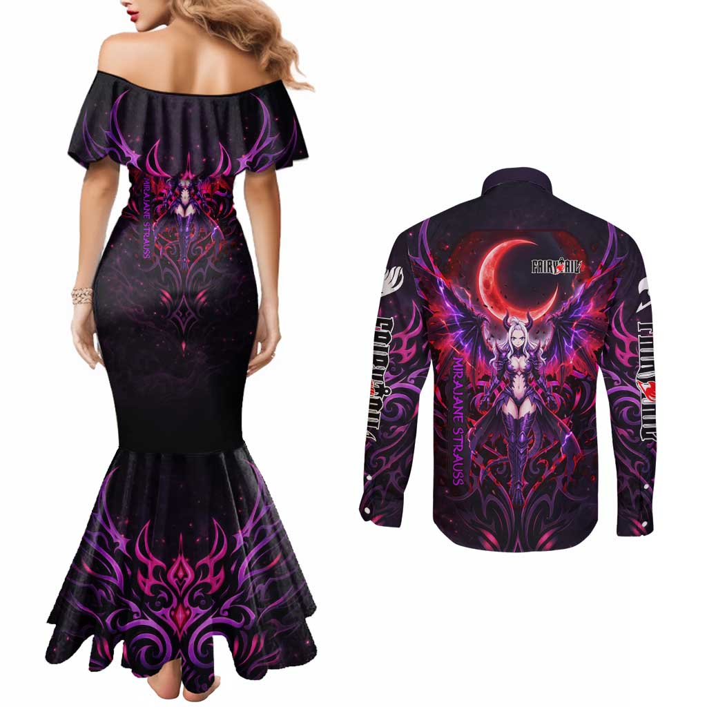 Mirajane Strauss Demon Form Fairy Tail Couples Matching Mermaid Dress and Long Sleeve Button Shirt Crimson Moon Demon Aesthetic with Gothic Purple Tribal Design