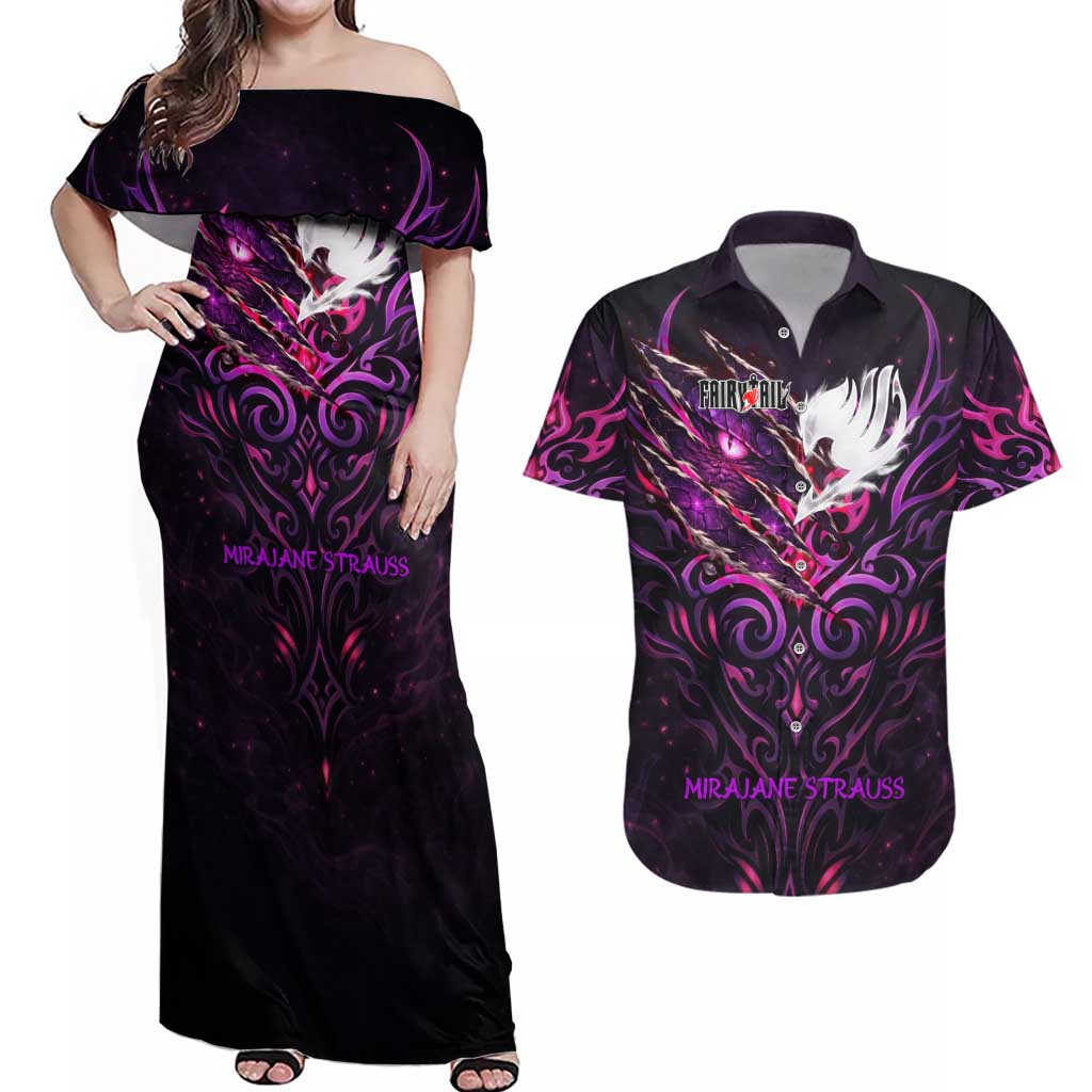 Mirajane Strauss Demon Form Fairy Tail Couples Matching Off Shoulder Maxi Dress and Hawaiian Shirt Crimson Moon Demon Aesthetic with Gothic Purple Tribal Design