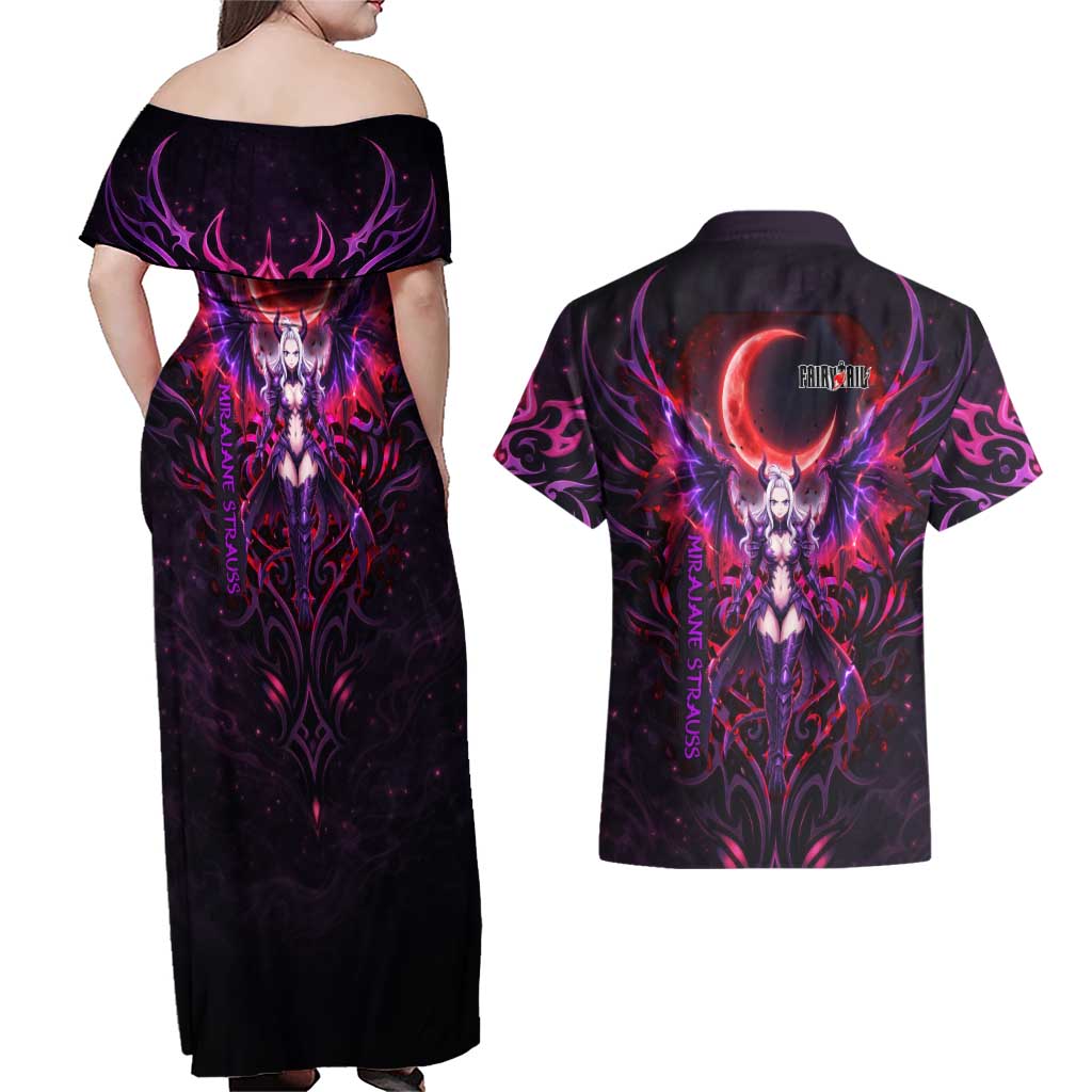 Mirajane Strauss Demon Form Fairy Tail Couples Matching Off Shoulder Maxi Dress and Hawaiian Shirt Crimson Moon Demon Aesthetic with Gothic Purple Tribal Design