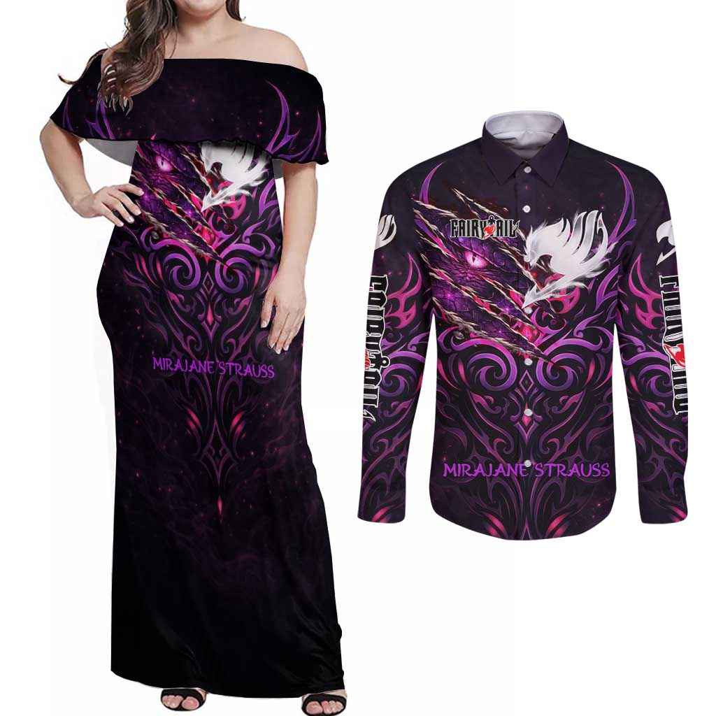 Mirajane Strauss Demon Form Fairy Tail Couples Matching Off Shoulder Maxi Dress and Long Sleeve Button Shirt Crimson Moon Demon Aesthetic with Gothic Purple Tribal Design
