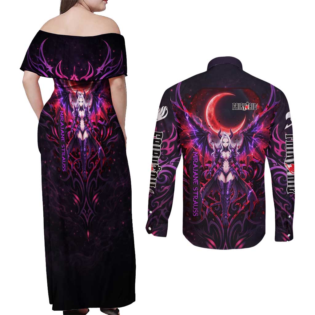 Mirajane Strauss Demon Form Fairy Tail Couples Matching Off Shoulder Maxi Dress and Long Sleeve Button Shirt Crimson Moon Demon Aesthetic with Gothic Purple Tribal Design
