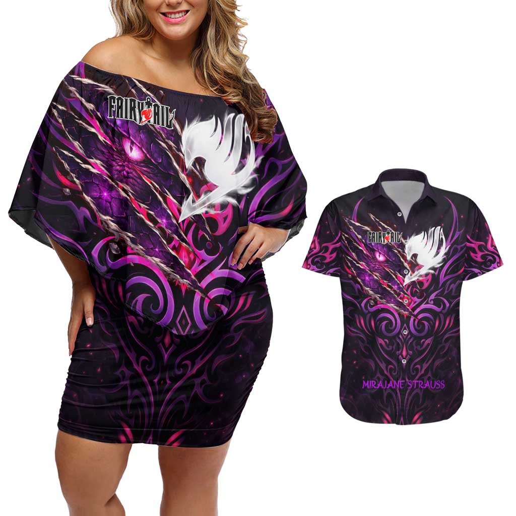 Mirajane Strauss Demon Form Fairy Tail Couples Matching Off Shoulder Short Dress and Hawaiian Shirt Crimson Moon Demon Aesthetic with Gothic Purple Tribal Design