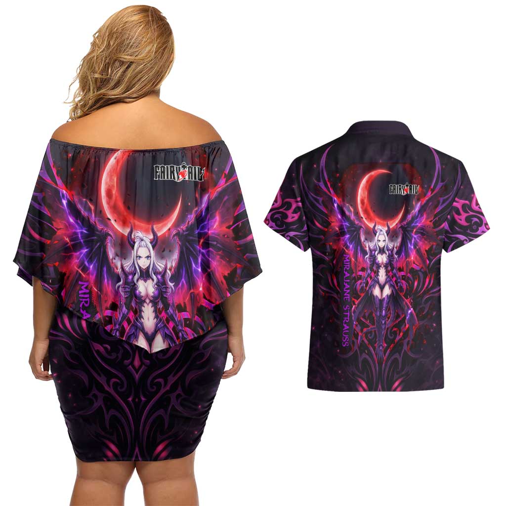 Mirajane Strauss Demon Form Fairy Tail Couples Matching Off Shoulder Short Dress and Hawaiian Shirt Crimson Moon Demon Aesthetic with Gothic Purple Tribal Design