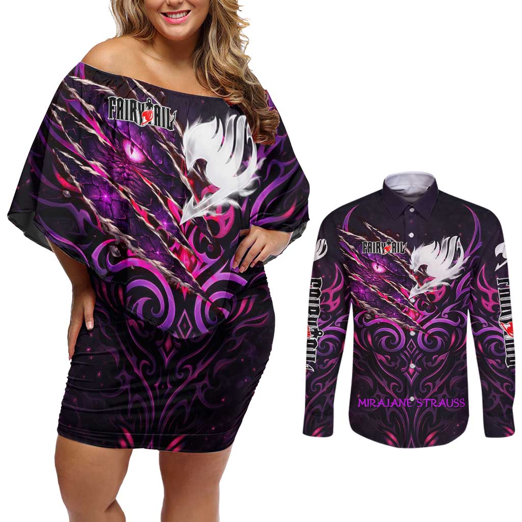 Mirajane Strauss Demon Form Fairy Tail Couples Matching Off Shoulder Short Dress and Long Sleeve Button Shirt Crimson Moon Demon Aesthetic with Gothic Purple Tribal Design