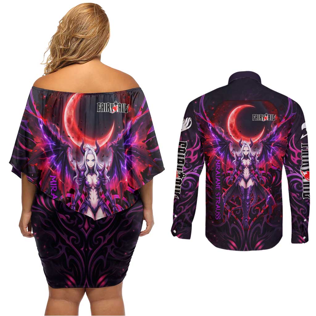 Mirajane Strauss Demon Form Fairy Tail Couples Matching Off Shoulder Short Dress and Long Sleeve Button Shirt Crimson Moon Demon Aesthetic with Gothic Purple Tribal Design