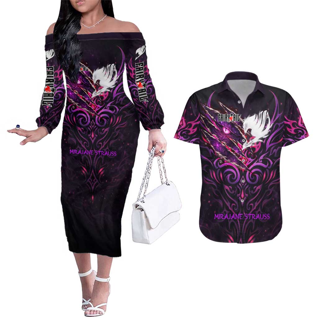 Mirajane Strauss Demon Form Fairy Tail Couples Matching Off The Shoulder Long Sleeve Dress and Hawaiian Shirt Crimson Moon Demon Aesthetic with Gothic Purple Tribal Design