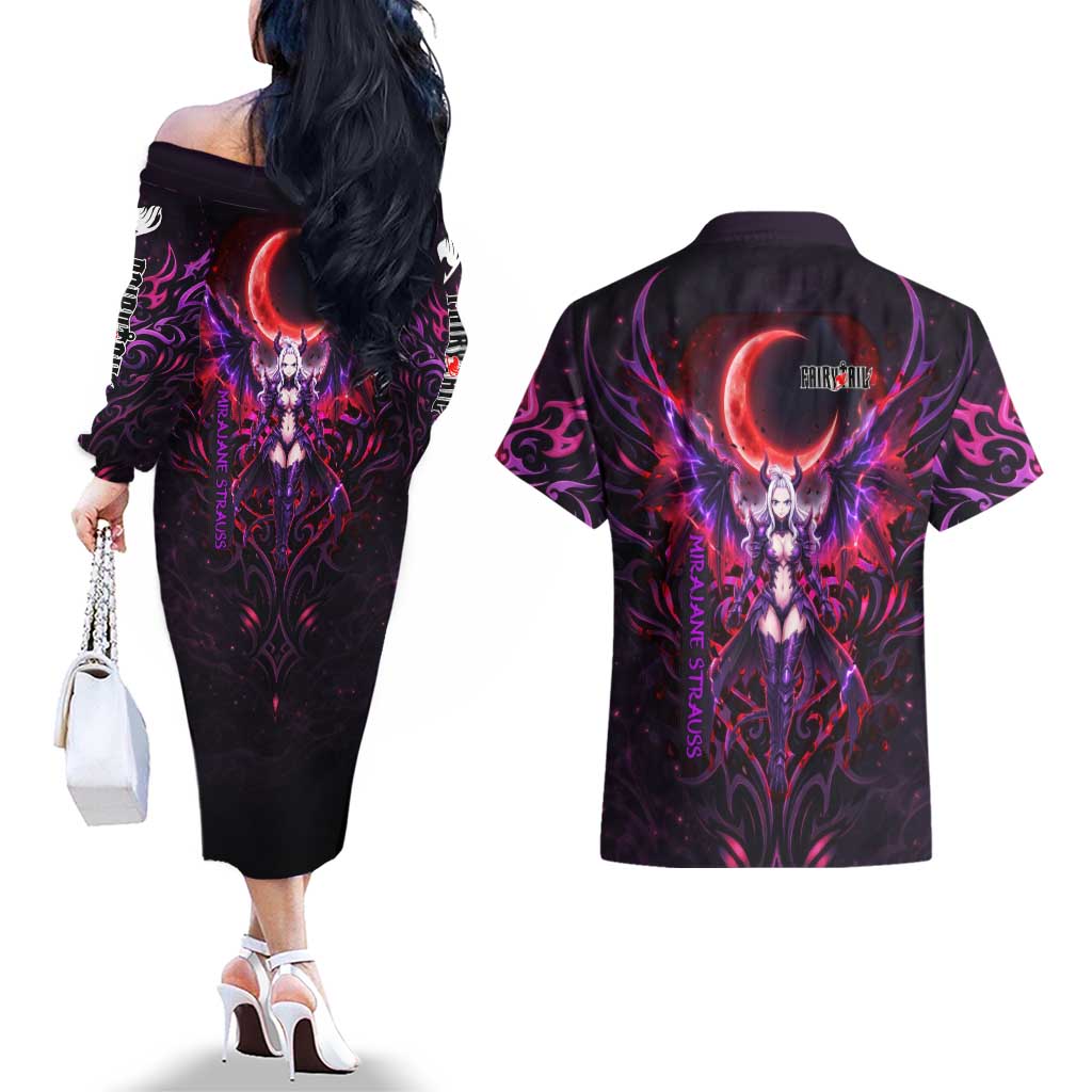 Mirajane Strauss Demon Form Fairy Tail Couples Matching Off The Shoulder Long Sleeve Dress and Hawaiian Shirt Crimson Moon Demon Aesthetic with Gothic Purple Tribal Design