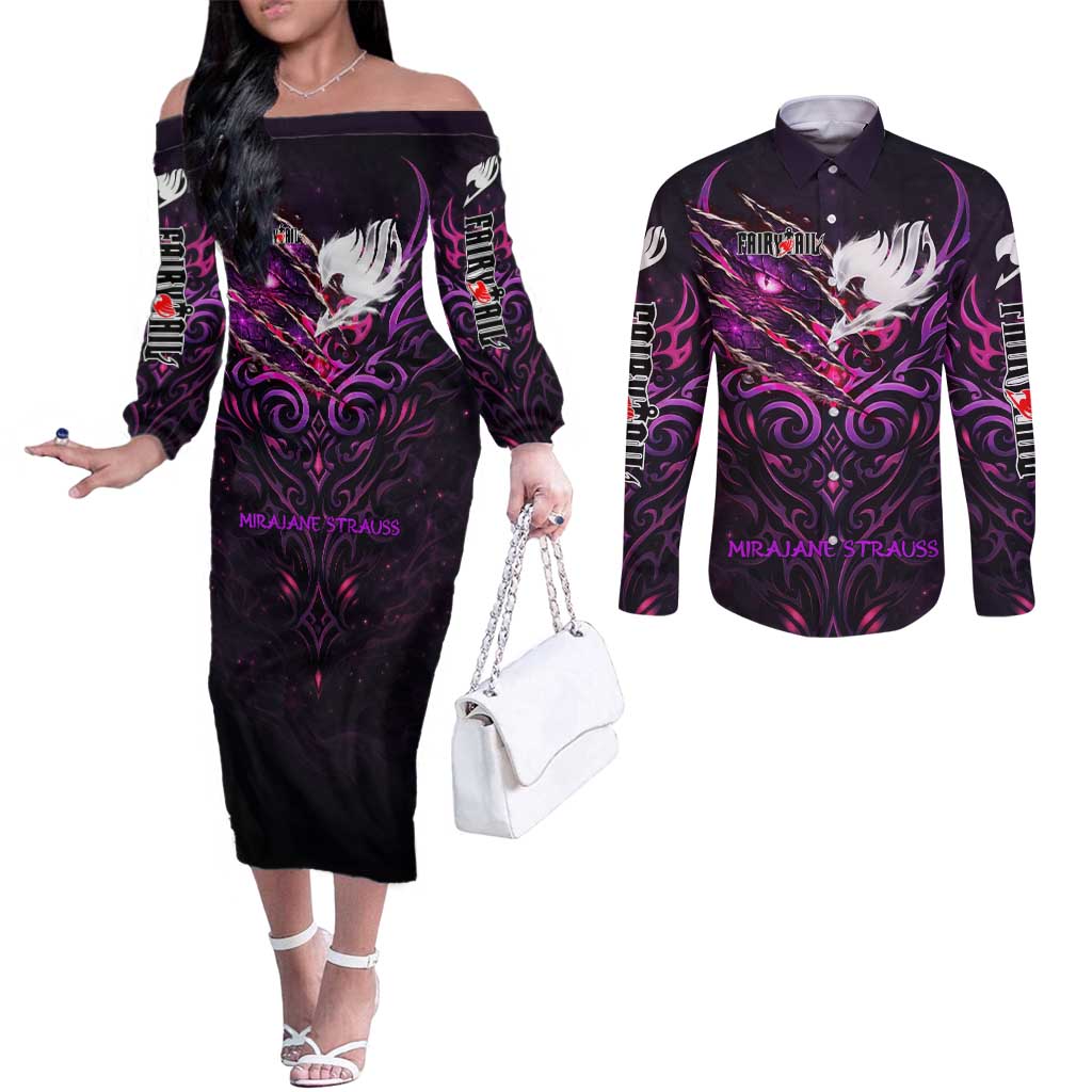 Mirajane Strauss Demon Form Fairy Tail Couples Matching Off The Shoulder Long Sleeve Dress and Long Sleeve Button Shirt Crimson Moon Demon Aesthetic with Gothic Purple Tribal Design