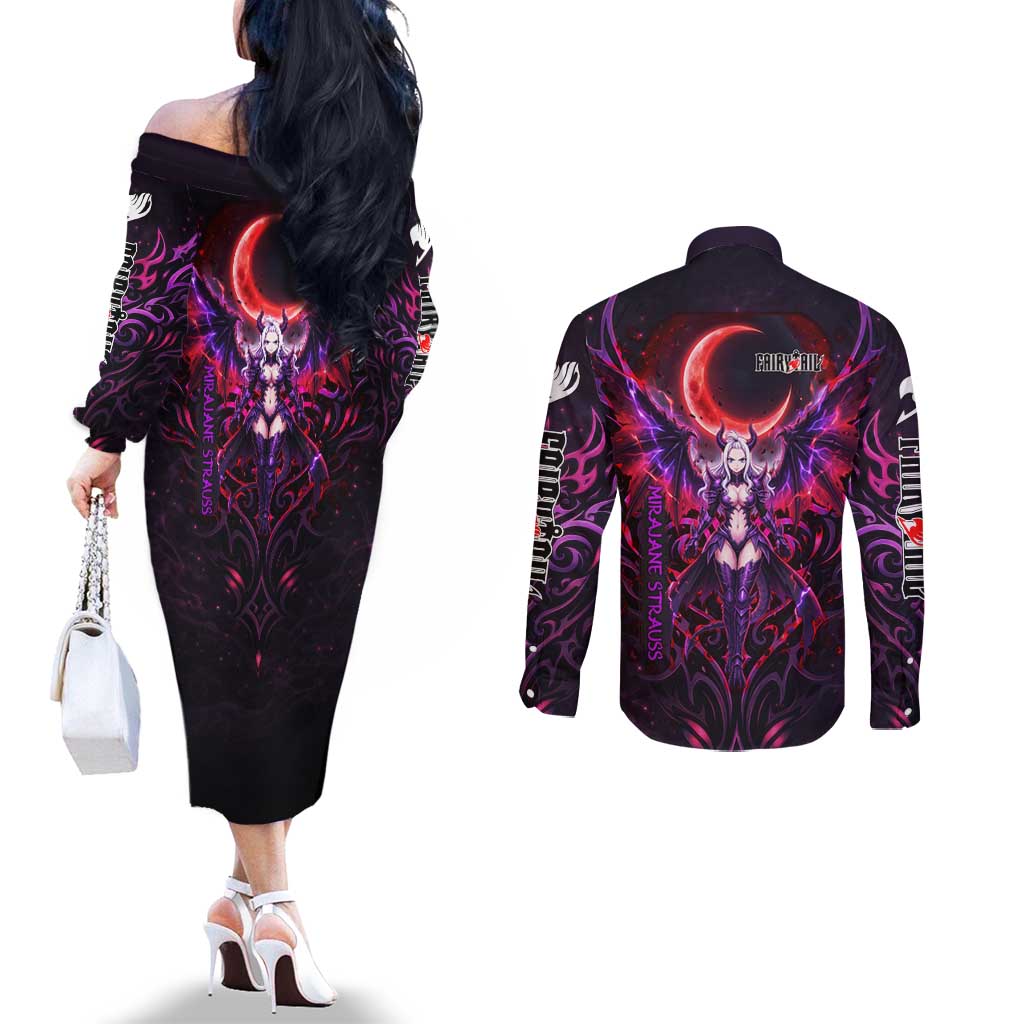 Mirajane Strauss Demon Form Fairy Tail Couples Matching Off The Shoulder Long Sleeve Dress and Long Sleeve Button Shirt Crimson Moon Demon Aesthetic with Gothic Purple Tribal Design