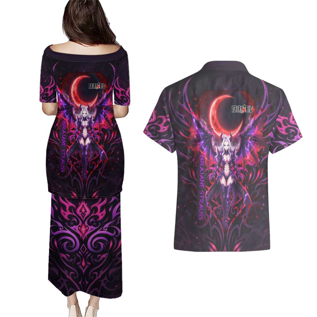 Mirajane Strauss Demon Form Fairy Tail Couples Matching Puletasi and Hawaiian Shirt Crimson Moon Demon Aesthetic with Gothic Purple Tribal Design
