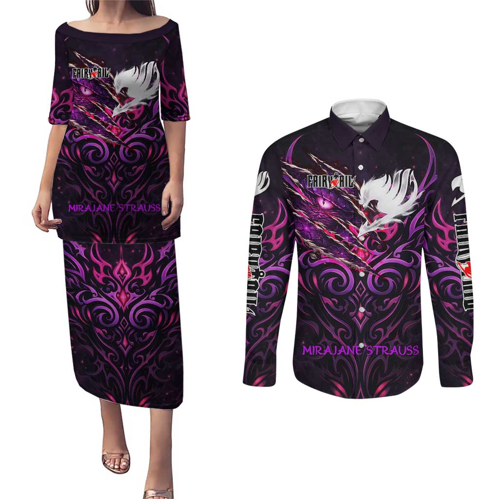 Mirajane Strauss Demon Form Fairy Tail Couples Matching Puletasi and Long Sleeve Button Shirt Crimson Moon Demon Aesthetic with Gothic Purple Tribal Design