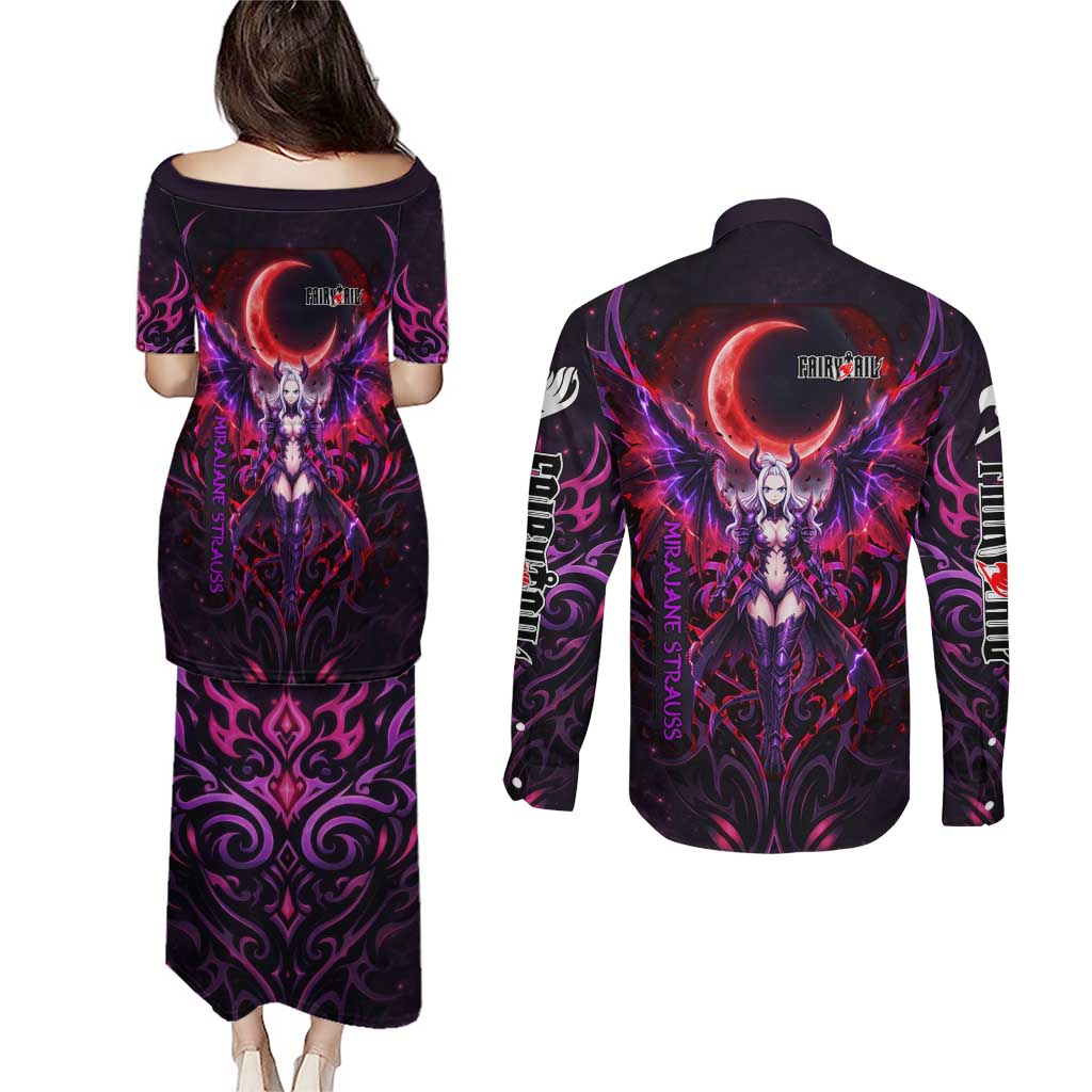 Mirajane Strauss Demon Form Fairy Tail Couples Matching Puletasi and Long Sleeve Button Shirt Crimson Moon Demon Aesthetic with Gothic Purple Tribal Design