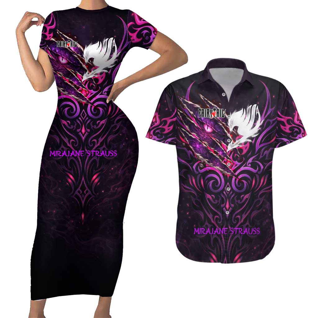 Mirajane Strauss Demon Form Fairy Tail Couples Matching Short Sleeve Bodycon Dress and Hawaiian Shirt Crimson Moon Demon Aesthetic with Gothic Purple Tribal Design